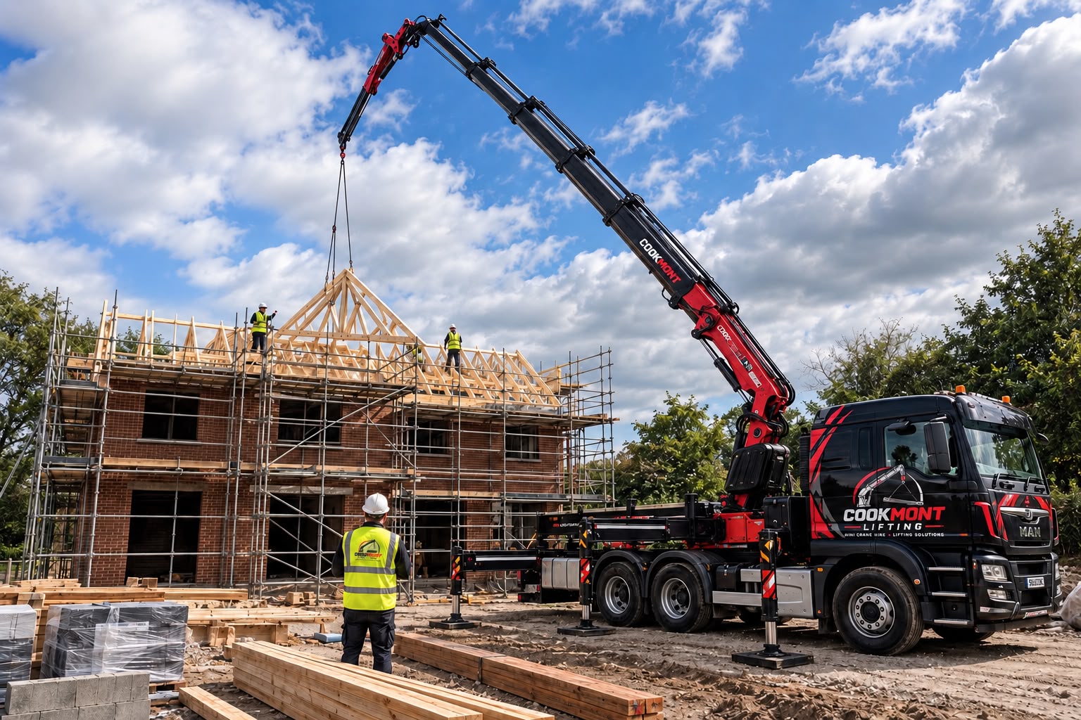 CookMont mini crane lifting roof trusses on a residential build